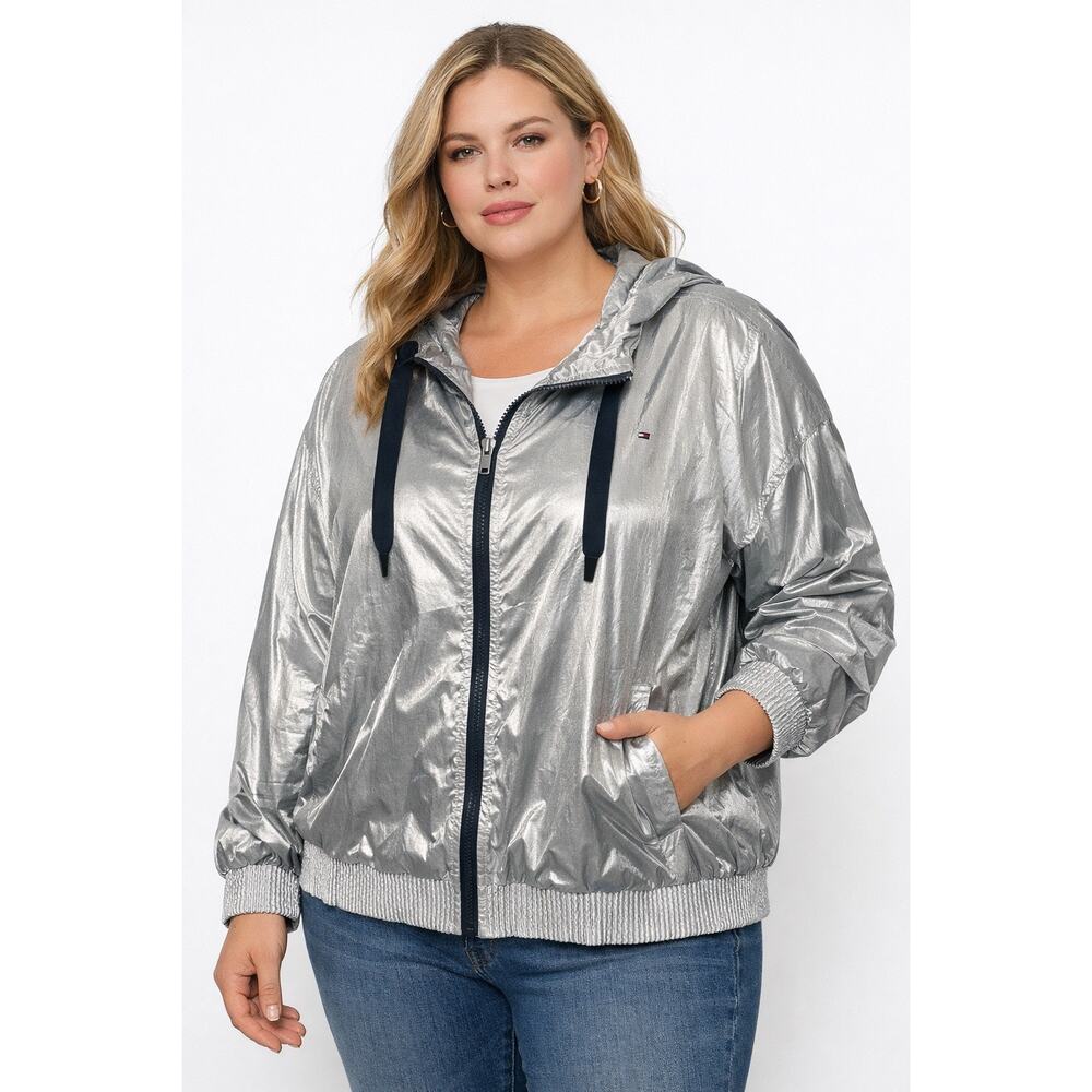Tommy Hilfiger Shine Silver Metallic Hooded Windbreaker Jacket 2X NWT